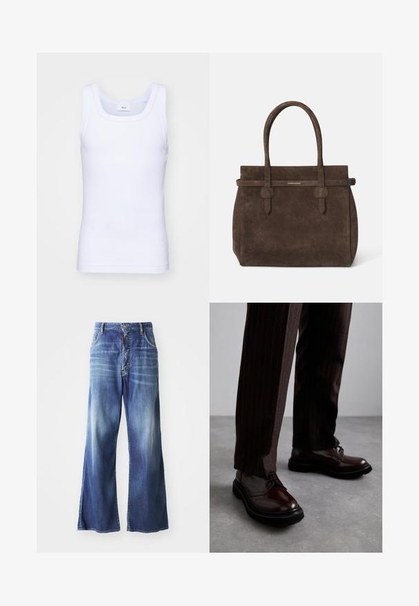 Bílé bavlněné tílko bez rukávů s kulatým výstřihem, s hladkou texturou a přiléhavým střihem, navržené pro volnočasové nošení.; Modré džínové kalhoty s širokými nohavicemi, které mají vybledlý vzhled, pět kapes a přední zapínání na knoflík s kontrastním červeným akcentem.; Hnědé kožené šněrovací boty s lesklým povrchem, černou gumovou podrážkou a jemným štepováním. Nosené s hnědými pruhovanými kalhotami.; Tmavě hnědá semišová taška s dvojitými uchy a horizontálním popruhem se štítkem s malým zlatým logem DSQUARED2.