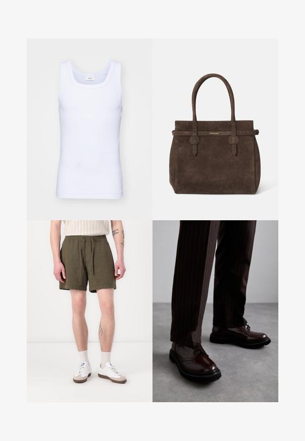 Weißes Baumwoll-Top ohne Ärmel mit rundem Ausschnitt, ausgestattet mit einer glatten Textur und einer figurbetonten Form, ideal für die Freizeit.; Olivgrüne Shorts mit elastischem Bund und Kordelzug, ausgestattet mit seitlichen Taschen und geradem Schnitt, aus einem leichten Stoff gefertigt.; Braune Leder Schnürschuhe mit glänzender Oberfläche, schwarzer Gummisohle und dezenten Nähten. Getragen mit braunen Angabenhosen mit Nadelstreifen.; Dunkelbraune Wildledertasche mit doppelten Griffen und einem horizontalen Riemen, der mit einem kleinen goldenen DSQUARED2-Logo-Plakette versehen ist.
