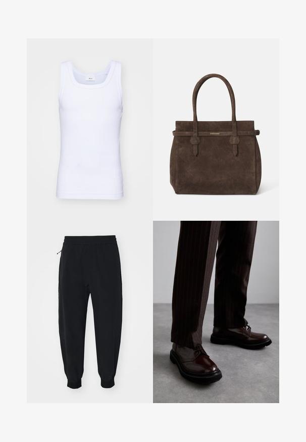 Valkoinen puuvillainen hihaton toppi, jossa on pyöreä pääntie. Topissa on sileä pinta ja se on muotoiltu istuvaksi, suunniteltu rentoon käyttöön.; Mustat kapeat jogger-housut, joissa on joustava vyötärö, sivutaskut ja ribatut hihnat. Valmistettu sileästä, kevyestä kankaasta.; Ruske nahkasaapad, joissa on kiiltävä pinta, musta kumipohja ja hienovarainen ompelu. Yhdistetty raitapolkkaisiin ruskeisiin housuihin.; Tummanruskea samettinen olkalaukku, jossa on kaksinkertaiset kahvat ja vaakasuuntainen hihna, jossa on pieni kultainen DSQUARED2-logo-plaatti.