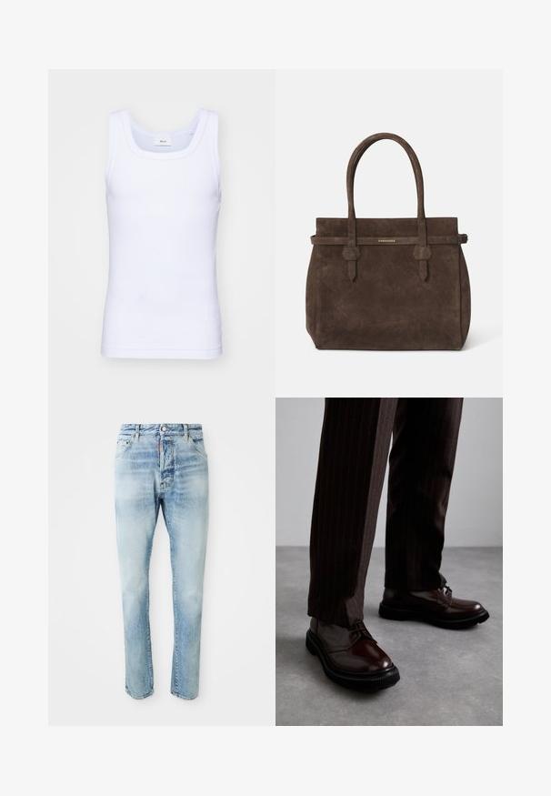 Canottiera bianca in cotone senza maniche con scollatura rotonda, caratterizzata da una texture liscia e una vestibilità aderente, progettata per l'abbigliamento casual.; Jeans in denim azzurro sbiadito con chiusura a bottone e cerniera, tasche frontali e posteriori, esposti su uno sfondo bianco semplice.; Scarpe stringate in pelle marrone con finitura lucida, suola in gomma nera e cuciture sottili. Indossate con pantaloni marroni a righe.; Borsa a spalla in suede marrone scuro con doppi manici e una tracolla orizzontale, dotata di una piccola placca con il logo DSQUARED2 in oro.