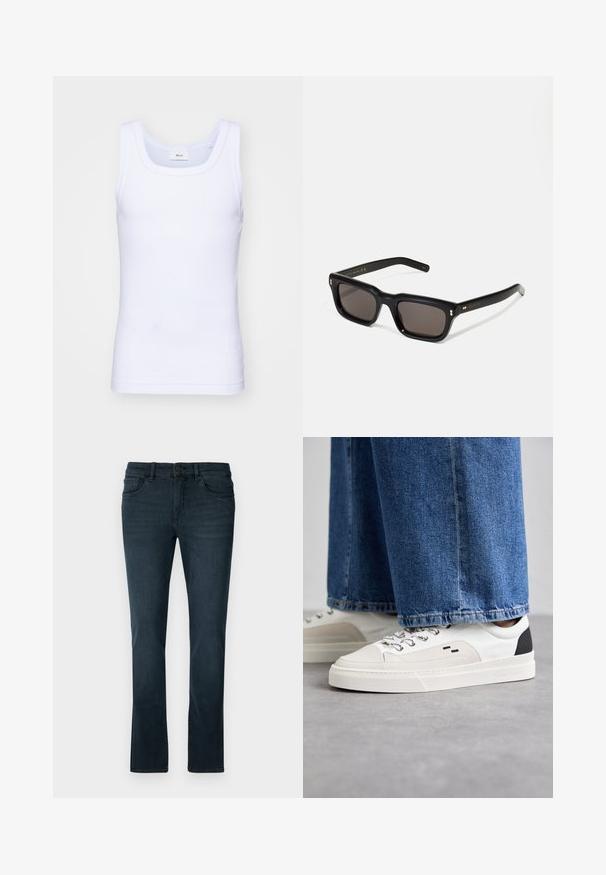 Balta kokvilnas bez piedurknēm tank top krekliņš ar apaļu kakla izgriezumu, ar gludu tekstūru un pieguļošu formu, paredzēts ikdienas valkāšanai.; Tumši zila džinsu bikses ar šauru piegriezumu, izgatavotas no denima. Funkcijas pogu aizdare, pieci kabatas un smalkas šuves gar šuvēm.; Balti un melni apavi ar gludu ādas virsu, teksturētiem akcentiem un masīvu baltu zoli. Iespējojot klasisku šņorējamu dizainu.; Melnas taisnstūra formas saulesbrilles ar tumšiem stikliem, bieza plastmasas rāmja, zelta akcenti pie tempļiem un zīmola logo iegravēts roku daļā.