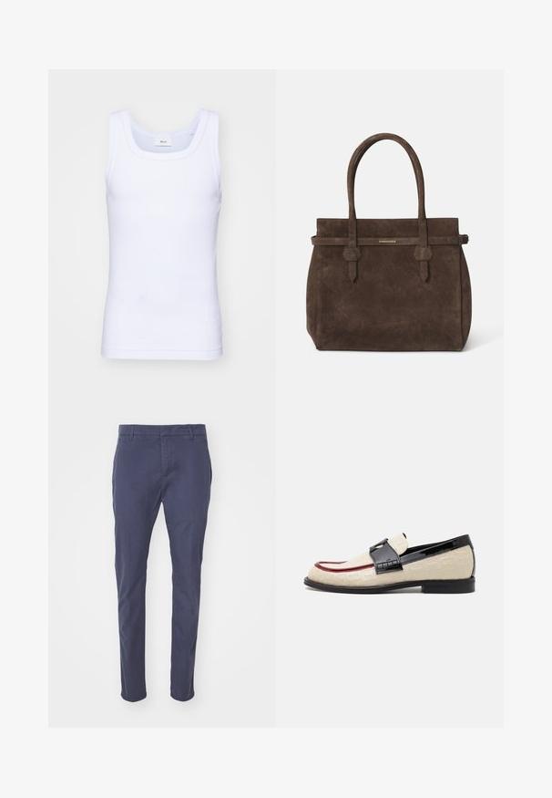 Canottiera bianca in cotone senza maniche con scollatura rotonda, caratterizzata da una texture liscia e una vestibilità aderente, progettata per l'abbigliamento casual.; Pantaloni navy con vestibilità slim, realizzati in cotone leggero. Caratterizzati da passanti per la cintura, tasche laterali e una finitura liscia.; Mocassini beige con motivo stampato, striscia accentuata rossa e tacco nero lucido. Presentano una fascia con dettaglio a fibbia. Suola nera piatta.; Borsa a spalla in suede marrone scuro con doppi manici e una tracolla orizzontale, dotata di una piccola placca con il logo DSQUARED2 in oro.