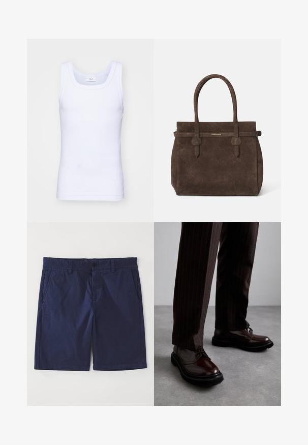 Canottiera bianca in cotone senza maniche con scollatura rotonda, caratterizzata da una texture liscia e una vestibilità aderente, progettata per l'abbigliamento casual.; Pantaloni corti in cotone blu navy con taglio dritto, dotati di passanti per cintura, chiusura con bottone frontale e due tasche laterali. Texture liscia.; Scarpe stringate in pelle marrone con finitura lucida, suola in gomma nera e cuciture sottili. Indossate con pantaloni marroni a righe.; Borsa a spalla in suede marrone scuro con doppi manici e una tracolla orizzontale, dotata di una piccola placca con il logo DSQUARED2 in oro.