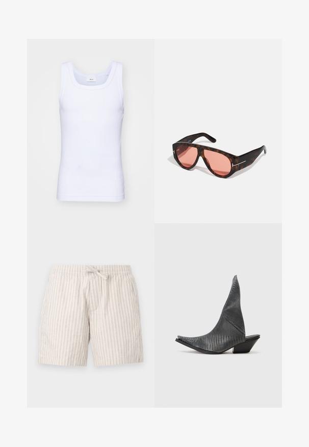Biała bawełniana koszulka bez rękawów z okrągłym dekoltem, charakteryzująca się gładką fakturą i dopasowanym krojem, zaprojektowana do noszenia na co dzień.; Jasnobeżowe szorty wykonane z teksturowanej tkaniny z cienkimi pionowymi paskami, z elastycznym pasem w talii i ozdobnym sznurkiem.; Czarne mules na obcasie z wydłużonym noskiem i fakturowanym wzorem przypominającym skórę węża. Oferują niski, trójkątny obcas oraz gładki, zaokrąglony fason cholewki.; Okulary przeciwsłoneczne w szkielecie w kształcie tortoise z różowymi soczewkami, charakteryzujące się odważnym, kątowym designem oraz cienkimi, srebrnymi akcentami na oprawkach.