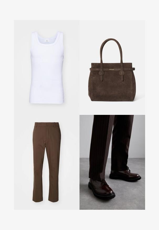 Bílé bavlněné tílko bez rukávů s kulatým výstřihem, s hladkou texturou a přiléhavým střihem, navržené pro volnočasové nošení.; NN.07 BILLIE - Kalhoty - brown; Hnědé kožené šněrovací boty s lesklým povrchem, černou gumovou podrážkou a jemným štepováním. Nosené s hnědými pruhovanými kalhotami.; Tmavě hnědá semišová taška s dvojitými uchy a horizontálním popruhem se štítkem s malým zlatým logem DSQUARED2.