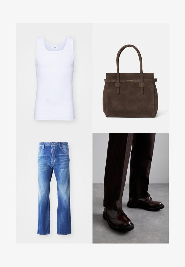 Balti medvilninė be rankovių marškinėliai su apvaliu iškirpimu, pasižymintys lygiu tekstūru ir prigludusia forma, skirti kasdieniam dėvėjimui.; Šviesiai mėlynos džinsinės kelnės su laisvu kirpimu, su išblukusia spalva, tiesiomis kojomis, penkių kišenių dizainu ir raudona etikete ant liemens.; Rudos odinės bateliai su raišteliais, blizgiu paviršiumi, juoda gumine absorbcija ir subtilia siūle. Dėvimi su rudos spalvos dryžuotomis kelnių.; Tamsiai ruda zomšinė rankinė su dviem rankenomis ir horizontaliu diržu, kuriame yra mažas auksinis DSQUARED2 logotipo ženklelis.