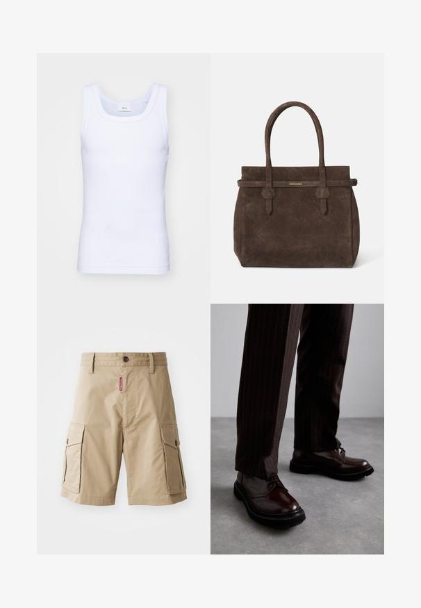 Weißes Baumwoll-Top ohne Ärmel mit rundem Ausschnitt, ausgestattet mit einer glatten Textur und einer figurbetonten Form, ideal für die Freizeit.; Beige Cargo-Shorts aus Baumwollmischung, ausgestattet mit zwei Seitentaschen, einem Knopfverschluss und einem roten Etikett auf der Vorderseite.; Braune Leder Schnürschuhe mit glänzender Oberfläche, schwarzer Gummisohle und dezenten Nähten. Getragen mit braunen Angabenhosen mit Nadelstreifen.; Dunkelbraune Wildledertasche mit doppelten Griffen und einem horizontalen Riemen, der mit einem kleinen goldenen DSQUARED2-Logo-Plakette versehen ist.