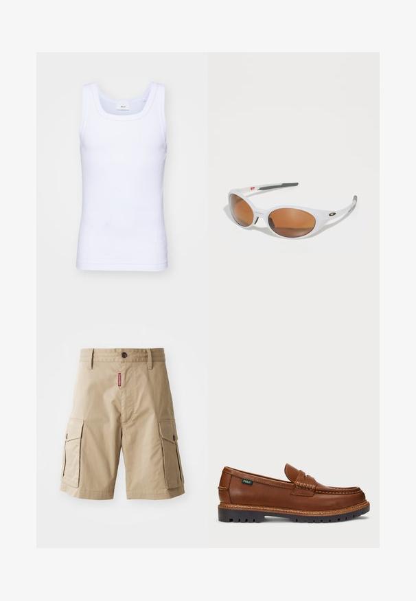 Débardeur sans manches en coton blanc avec un col rond, présentant une texture lisse et une coupe ajustée, conçu pour un usage décontracté.; Shorts cargo beiges en mélange de coton, dotés de deux poches latérales, d'une fermeture à bouton et d'une étiquette rouge cousue à l'avant.; Loafer en cuir marron avec des surpiqûres décoratives et une texture au niveau de la pointe. La semelle présente un design robuste, offrant adhérence et durabilité.; Lunettes de soleil blanches avec des verres marron, de forme ovale, fabriquées en plastique lisse, avec des accents gris sur les branches et un logo sur la monture.