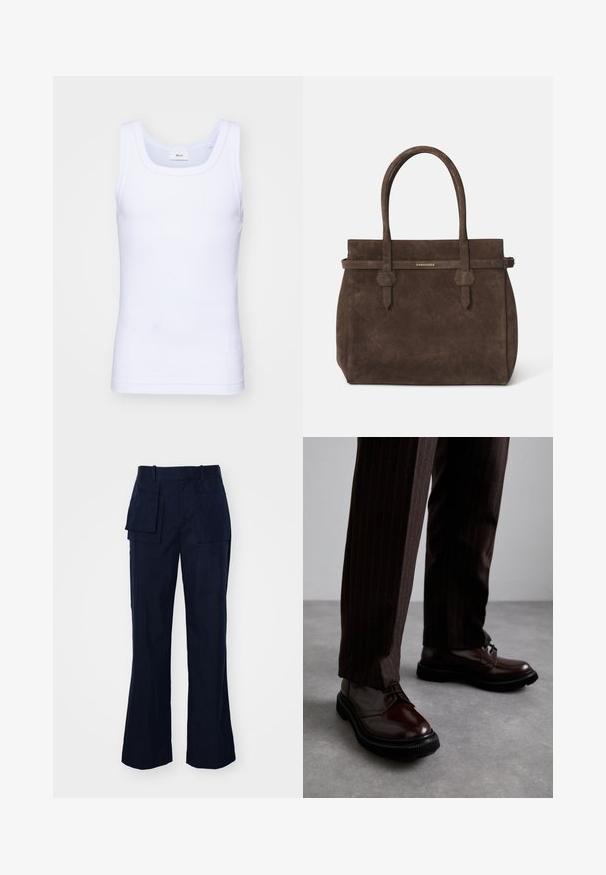 Top din bumbac alb fără mâneci, cu un decolteu rotund, având o textură netedă și o formă ajustată, conceput pentru purtarea casual.; Pantaloni cargo navy cu un design drept, având mai multe buzunare mari, un talie plată și un material neted, texturat.; Pantofi din piele maro, cu șiret, având un finisaj lucios, talpă din cauciuc negru și o cusătură subtilă. Purtați cu pantaloni maro cu dungi.; Geantă de umăr din suede maro închis, cu două mânere și o curea orizontală care prezintă o mică placă logo aurie DSQUARED2.