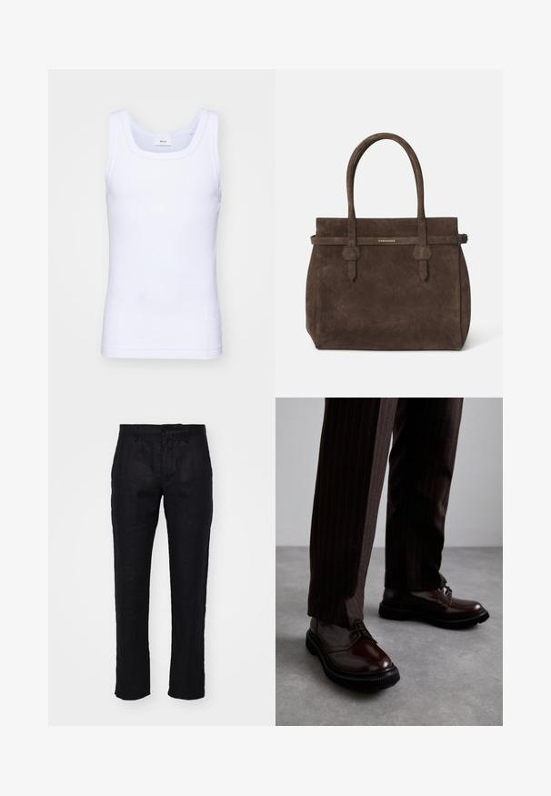 Weißes Baumwoll-Top ohne Ärmel mit rundem Ausschnitt, ausgestattet mit einer glatten Textur und einer figurbetonten Form, ideal für die Freizeit.; NN.07 THEO - Stoffhose - black; Braune Leder Schnürschuhe mit glänzender Oberfläche, schwarzer Gummisohle und dezenten Nähten. Getragen mit braunen Angabenhosen mit Nadelstreifen.; Dunkelbraune Wildledertasche mit doppelten Griffen und einem horizontalen Riemen, der mit einem kleinen goldenen DSQUARED2-Logo-Plakette versehen ist.