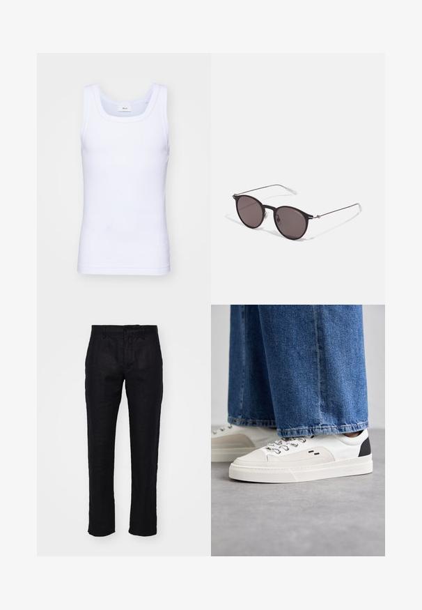 White cotton sleeveless tank top with a round neckline, featuring a smooth texture and a fitting shape, designed for casual wear.; NN.07 THEO - Trousers - black; White and black sneakers with a smooth leather upper, textured accents, and a chunky white sole. Features a classic lace-up design.; Black round sunglasses with dark lenses and slim metal arms. Includes clear temple tips and silver accents at the hinge. Minimalist design.