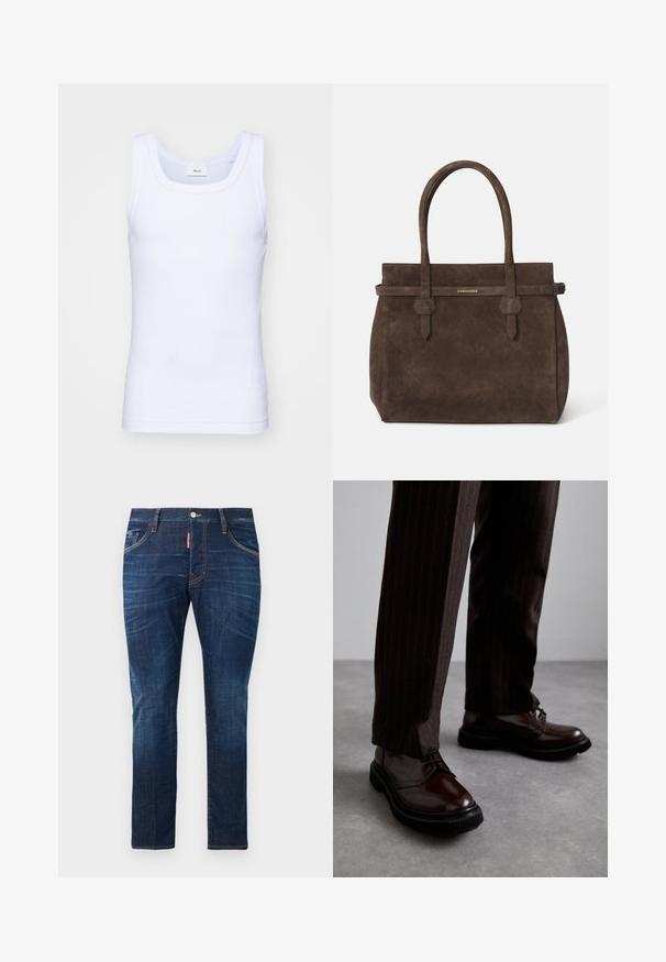 Valkoinen puuvillainen hihaton toppi, jossa on pyöreä pääntie. Topissa on sileä pinta ja se on muotoiltu istuvaksi, suunniteltu rentoon käyttöön.; Tummansiniset denim-farkut slim fit -mallilla, joissa on perinteinen viiden taskun muotoilu, kontrastiväriset keltaiset ompeleet ja metallinen napitus.; Ruske nahkasaapad, joissa on kiiltävä pinta, musta kumipohja ja hienovarainen ompelu. Yhdistetty raitapolkkaisiin ruskeisiin housuihin.; Tummanruskea samettinen olkalaukku, jossa on kaksinkertaiset kahvat ja vaakasuuntainen hihna, jossa on pieni kultainen DSQUARED2-logo-plaatti.