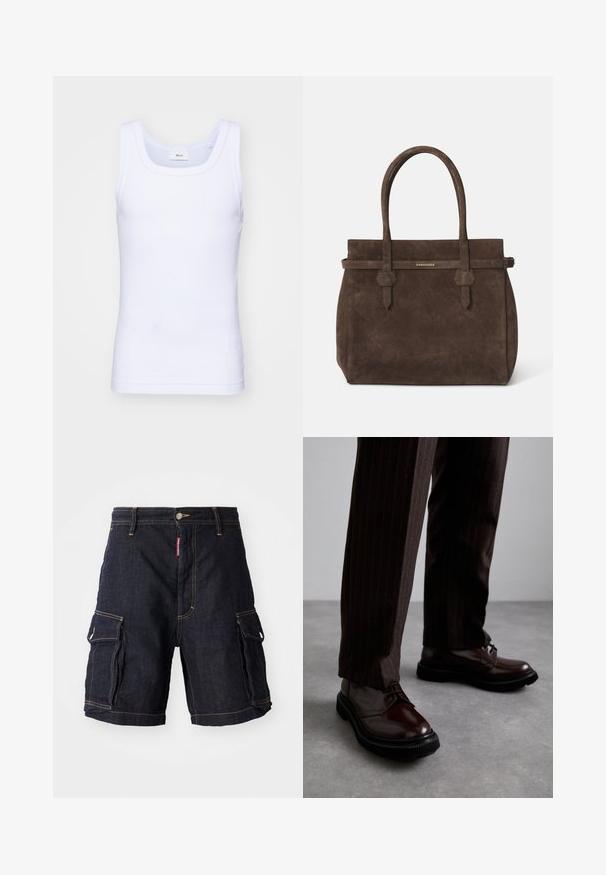 Valge puuvillane golfi särk ilma varrukateta, ümmarguse kaelusega, sileda tekstuuri ja sobiva lõikega, mõeldud igapäevaseks kandmiseks.; Tumed sinised teksakangast cargo-lühikesed püksid, mis on varustatud mitmete küljetaskutega, kollase õmblusega ja nööbiga kinnipeetava vöökohtuga. Materjal on tugev ja vastupidav.; Pruun nahast nööbitavad kingad läikiva viimistlusega, musta kummist tallaga ja peene tikandiga. Kanda pinstriped pruunide pükstega.; Tumed pruun nubukist öksohva, millel on kaks käepidet ja horisontaalne rihm, millel on väike kuldne DSQUARED2 logo plaat.