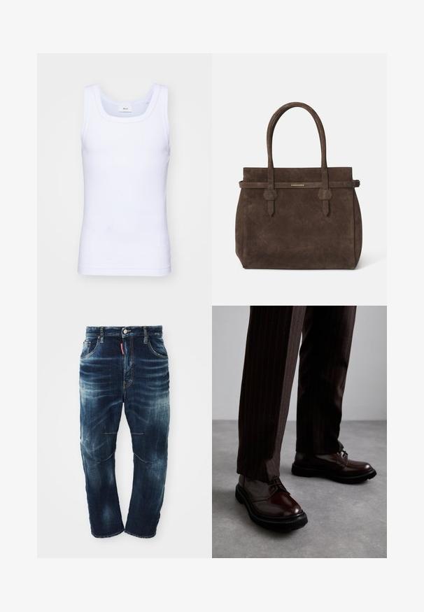 Fehér pamut ujjatlan trikó kerek nyakkivágással, sima textúrával és testhezálló fazonnal, amelyet hétköznapi viseletre terveztek.; Sötétkék farmernadrág, kifakult mosással, öt zsebes kivitelben, cipzáros záródással és kontrasztos varrással. A térdeken enyhe kopás látható.; Barna bőrből készült, fényezett felületű, fűzős cipők, fekete gumitalppal és diszkrét varrásokkal. Csíkos barna nadrággal viselve.; Sötétbarna velúr tote táska dupla fogantyúval és vízszintes pánttal, melyen egy kis arany DSQUARED2 logo tábla található.