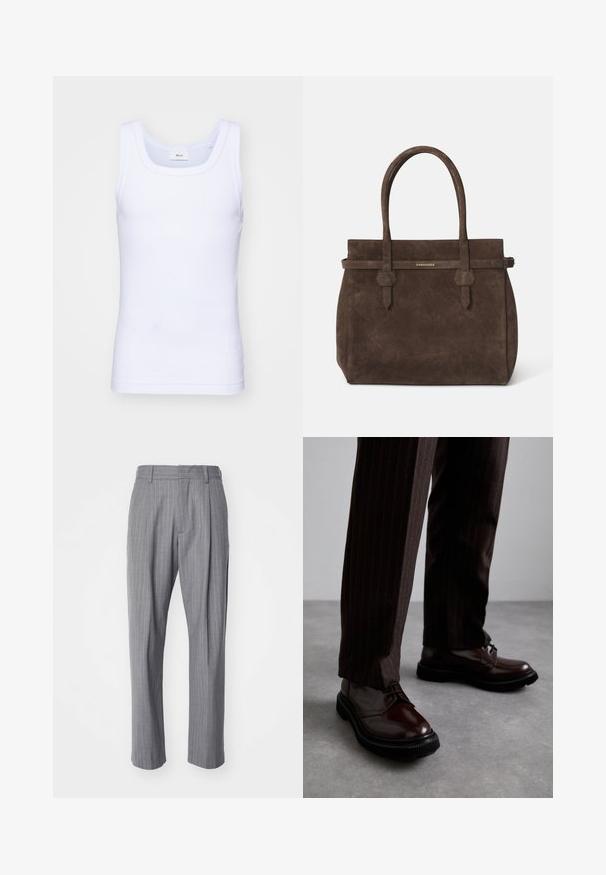 Valkoinen puuvillainen hihaton toppi, jossa on pyöreä pääntie. Topissa on sileä pinta ja se on muotoiltu istuvaksi, suunniteltu rentoon käyttöön.; NN.07 KAY - Housut - grey; Ruske nahkasaapad, joissa on kiiltävä pinta, musta kumipohja ja hienovarainen ompelu. Yhdistetty raitapolkkaisiin ruskeisiin housuihin.; Tummanruskea samettinen olkalaukku, jossa on kaksinkertaiset kahvat ja vaakasuuntainen hihna, jossa on pieni kultainen DSQUARED2-logo-plaatti.