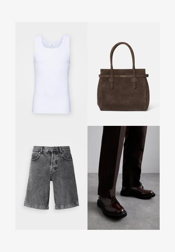 Biela bavlnená tielko bez rukávov s okrúhlym výstrihom, s hladkou textúrou a priliehavým strihom, navrhnuté pre neformálne nosenie.; Čierne denimové šortky s voľným strihom, stredne vysokým pásom, piatimi vreckami a roztrhnutým lemom, s textúrovanou tkaninou a jemným vyblednutým vzorom.; Hnedé kožené šnurovacie topánky s lesklým povrchom, čierna gumová podrážka a jemné švy. Nosené s hnedými prúžkovanými nohavicami.; Tmavohnedá semišová taška s dvoma uchami a horizontálnym popruhom, ktorý obsahuje malú zlatú nášivku s logom DSQUARED2.