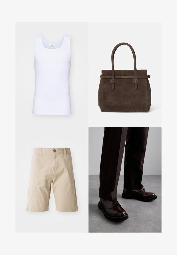 White cotton sleeveless tank top with a round neckline, featuring a smooth texture and a fitting shape, designed for casual wear.; Beige cotton shorts with a button closure, belt loops, and side pockets; smooth texture and straight silhouette.; Brown leather lace-up shoes with a glossy finish, black rubber sole, and subtle stitching. Worn with pinstriped brown trousers.; Dark brown suede tote bag with dual handles and a horizontal strap featuring a small gold DSQUARED2 logo plaque.