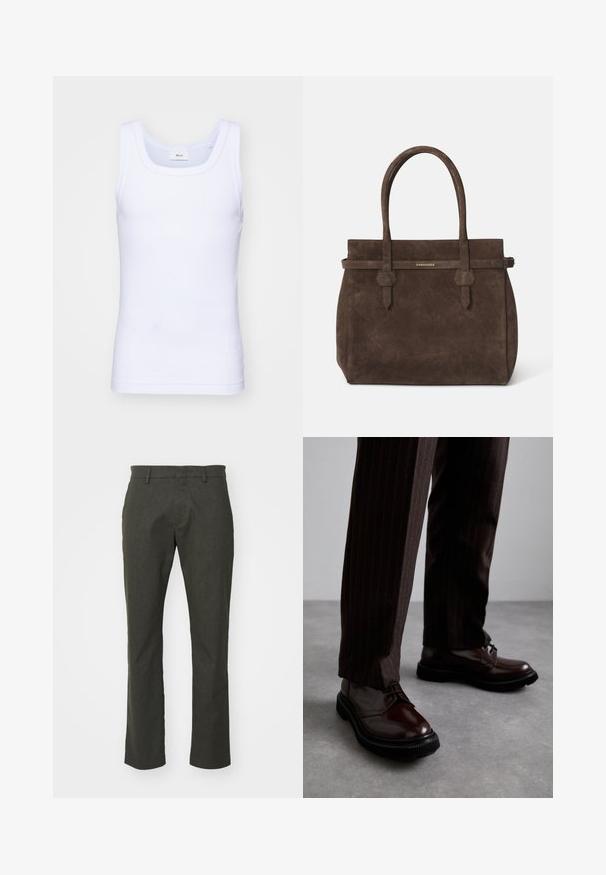 Canottiera bianca in cotone senza maniche con scollatura rotonda, caratterizzata da una texture liscia e una vestibilità aderente, progettata per l'abbigliamento casual.; Pantaloni su misura verde scuro con gamba dritta, dotati di un davanti piatto, due tasche laterali e una texture liscia.; Scarpe stringate in pelle marrone con finitura lucida, suola in gomma nera e cuciture sottili. Indossate con pantaloni marroni a righe.; Borsa a spalla in suede marrone scuro con doppi manici e una tracolla orizzontale, dotata di una piccola placca con il logo DSQUARED2 in oro.