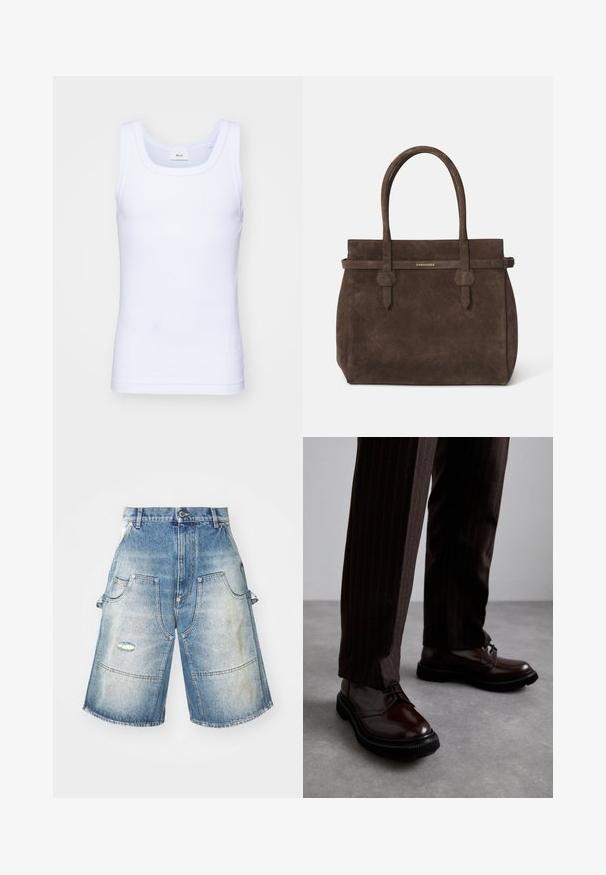 Balti medvilninė be rankovių marškinėliai su apvaliu iškirpimu, pasižymintys lygiu tekstūru ir prigludusia forma, skirti kasdieniam dėvėjimui.; Džinsiniai šortai su išblukusia šviesiai mėlyna spalva, turintys keturis kišenes, nusidėvėjimo detalių ir plačią, tiesią išpjovą. Sustiprinta siuvimo linija.; Rudos odinės bateliai su raišteliais, blizgiu paviršiumi, juoda gumine absorbcija ir subtilia siūle. Dėvimi su rudos spalvos dryžuotomis kelnių.; Tamsiai ruda zomšinė rankinė su dviem rankenomis ir horizontaliu diržu, kuriame yra mažas auksinis DSQUARED2 logotipo ženklelis.