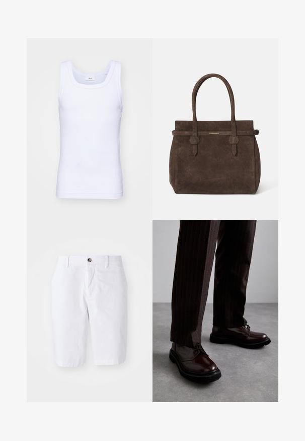 Hvid bomulds ærmeløs tanktop med rund halsudskæring, der har en glat tekstur og en tætsiddende pasform, designet til casual brug.; Hvide bomuldsshorts med lige snit, to forlommer og en enkelt knaplukning i taljen. Glat tekstur, knælængde design.; Brune læder snørebåndssko med en glat finish, sort gummisål og diskret syning. Båret med brune bukser med striber.; Mørkebrune suede tote-tasker med to håndtag og et vandret bånd med en lille gul DSQUARED2 logo-plakette.