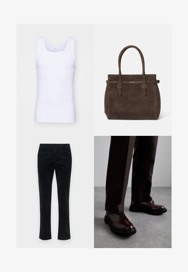 Hvid bomulds ærmeløs tanktop med rund halsudskæring, der har en glat tekstur og en tætsiddende pasform, designet til casual brug.; Sorte fløjlsbukser med lige ben-design, der har lodrette ribber, en glat tekstur og en standard talje uden synligt hardware.; Brune læder snørebåndssko med en glat finish, sort gummisål og diskret syning. Båret med brune bukser med striber.; Mørkebrune suede tote-tasker med to håndtag og et vandret bånd med en lille gul DSQUARED2 logo-plakette.