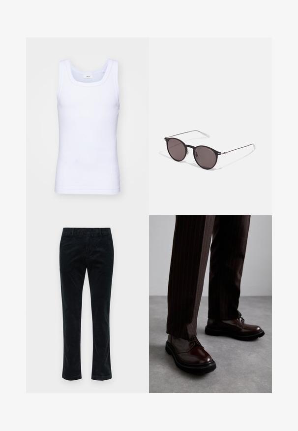 Witte katoenen mouwloze tanktop met een ronde halslijn, met een gladde textuur en een aansluitende pasvorm, ontworpen voor casual gebruik.; Zwarte corduroybroek met een recht model, voorzien van verticale ribbels, een soepele textuur en een standaard tailleband zonder zichtbare hardware.; Bruine leren veterschoenen met een glanzende afwerking, zwarte rubberen zool en subtiele stiksels. Draag ze met bruin gestreepte broek.; Zwarte ronde zonnebril met donkere lenzen en slanke metalen armen. Inclusief heldere tempelpunten en zilveren accenten bij de scharnier. Minimalistisch ontwerp.