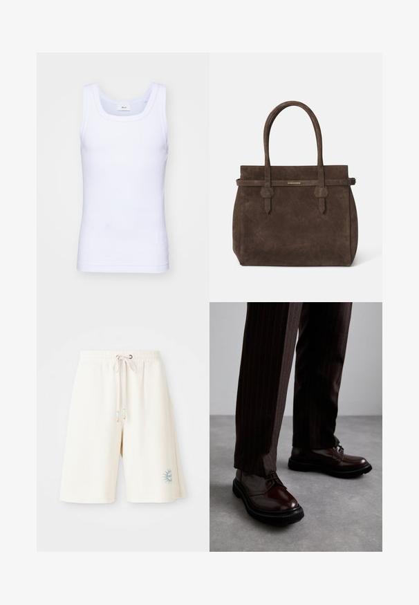 Witte katoenen mouwloze tanktop met een ronde halslijn, met een gladde textuur en een aansluitende pasvorm, ontworpen voor casual gebruik.; Lichtcrème korte broek van een gestructureerde stof met een elastische tailleband, een verstelbaar trekkoord en een geprinte zonontwerp op het linkerpijp.; Bruine leren veterschoenen met een glanzende afwerking, zwarte rubberen zool en subtiele stiksels. Draag ze met bruin gestreepte broek.; Donkerbruin suède tote bag met dubbele handvatten en een horizontale strap met een klein gouden DSQUARED2 logo plaatje.