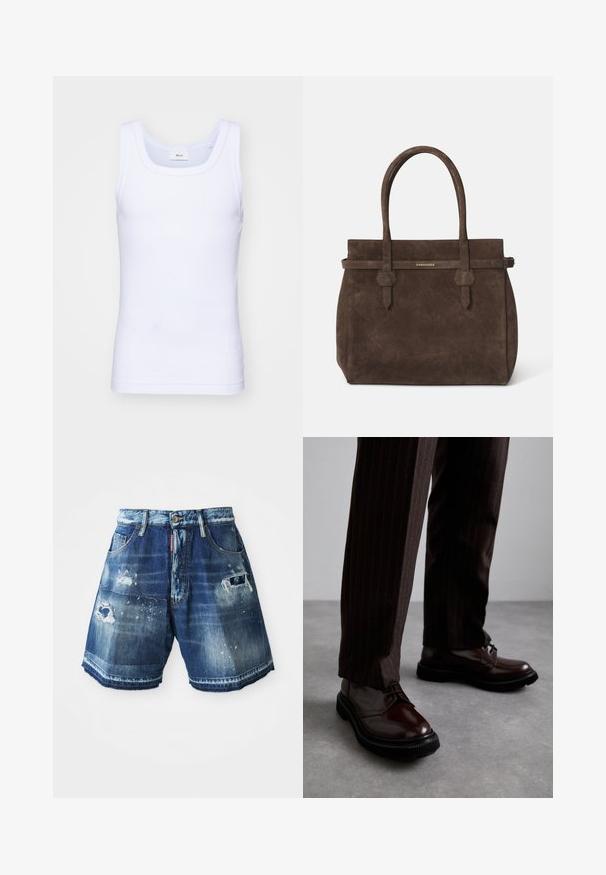 Camiseta sin mangas de algodón blanca con escote redondo, que presenta una textura suave y una forma ajustada, diseñada para el uso casual.; Pantalones cortos de mezclilla en azul oscuro con detalles desgastados. Presentan dobladillos deshilachados, bolsillos y un cierre con botón. Variaciones de lavado en la tela.; Zapatos de cuero marrón con cordones y un acabado brillante, suela de goma negra y costuras sutiles. Llevados con pantalones marrón de rayas.; Bolsa tote de ante marrón oscuro con dos asas y una correa horizontal que presenta una pequeña placa de logo dorado de DSQUARED2.