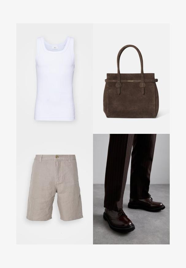 Canottiera bianca in cotone senza maniche con scollatura rotonda, caratterizzata da una texture liscia e una vestibilità aderente, progettata per l'abbigliamento casual.; Pantaloni corti in lino beige con vestibilità rilassata, dotati di chiusura a bottone, passanti per la cintura e una texture liscia. Senza motivi o dettagli visibili.; Scarpe stringate in pelle marrone con finitura lucida, suola in gomma nera e cuciture sottili. Indossate con pantaloni marroni a righe.; Borsa a spalla in suede marrone scuro con doppi manici e una tracolla orizzontale, dotata di una piccola placca con il logo DSQUARED2 in oro.