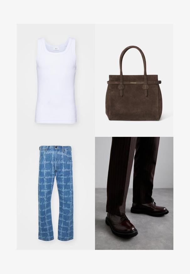 Débardeur sans manches en coton blanc avec un col rond, présentant une texture lisse et une coupe ajustée, conçu pour un usage décontracté.; Jean en denim bleu avec une coupe droite, présentant un motif de texte "Vivienne Westwood" répété en blanc. Design classique à cinq poches.; Chaussures en cuir marron à lacets avec une finition brillante, semelle en caoutchouc noire et coutures discrètes. Portées avec un pantalon marron à rayures.; Sac fourre-tout en suède marron foncé avec des anses doubles et une sangle horizontale surmontée d'une petite plaque en or portant le logo DSQUARED2.