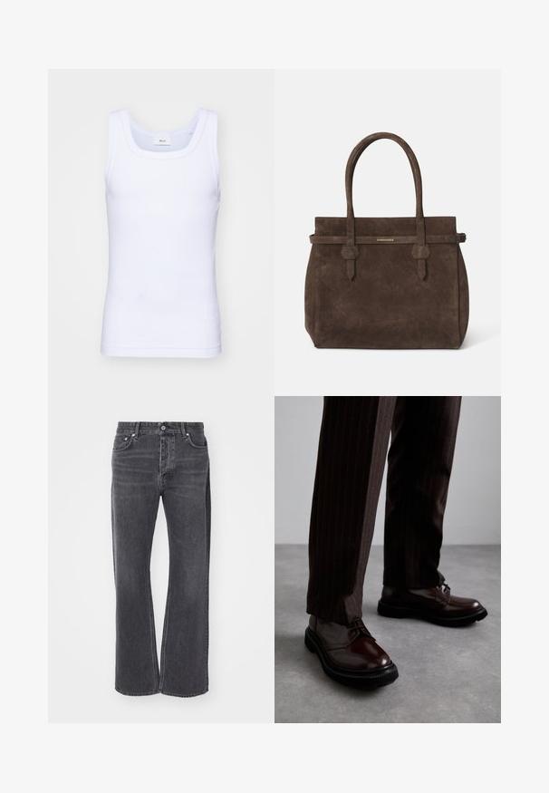 Bílé bavlněné tílko bez rukávů s kulatým výstřihem, s hladkou texturou a přiléhavým střihem, navržené pro volnočasové nošení.; Černé džíny s vysokým pasem a volným, širokým střihem. Vyrobené z denimu, s jemným vyblednutím a předními i zadními kapsami.; Hnědé kožené šněrovací boty s lesklým povrchem, černou gumovou podrážkou a jemným štepováním. Nosené s hnědými pruhovanými kalhotami.; Tmavě hnědá semišová taška s dvojitými uchy a horizontálním popruhem se štítkem s malým zlatým logem DSQUARED2.