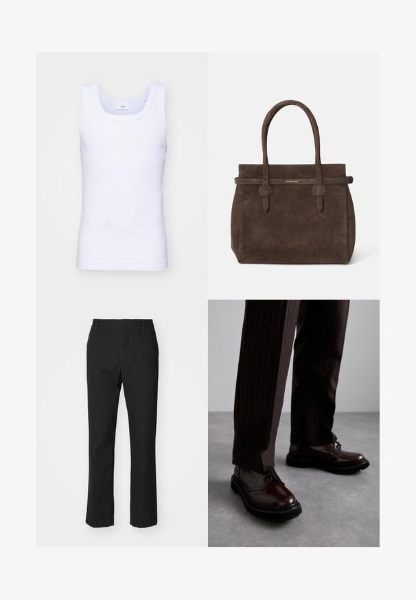 Fehér pamut ujjatlan trikó kerek nyakkivágással, sima textúrával és testhezálló fazonnal, amelyet hétköznapi viseletre terveztek.; Fekete, egyenes vonalú nadrág, sima anyagból készült. Elastikus derékrésszel rendelkezik, és nincs látható zseb vagy díszítés.; Barna bőrből készült, fényezett felületű, fűzős cipők, fekete gumitalppal és diszkrét varrásokkal. Csíkos barna nadrággal viselve.; Sötétbarna velúr tote táska dupla fogantyúval és vízszintes pánttal, melyen egy kis arany DSQUARED2 logo tábla található.