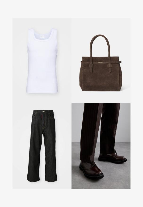 Balti medvilninė be rankovių marškinėliai su apvaliu iškirpimu, pasižymintys lygiu tekstūru ir prigludusia forma, skirti kasdieniam dėvėjimui.; Juodos tiesios kojos džinsai su geltonu siūleliu, penkių kišenių dizainas, mygtuko užsegimas ir mažas raudonas ženkliukas priekinėje dešinėje kišenėje.; Rudos odinės bateliai su raišteliais, blizgiu paviršiumi, juoda gumine absorbcija ir subtilia siūle. Dėvimi su rudos spalvos dryžuotomis kelnių.; Tamsiai ruda zomšinė rankinė su dviem rankenomis ir horizontaliu diržu, kuriame yra mažas auksinis DSQUARED2 logotipo ženklelis.