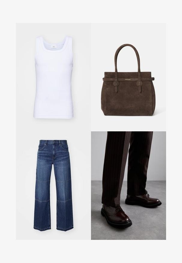 Witte katoenen mouwloze tanktop met een ronde halslijn, met een gladde textuur en een aansluitende pasvorm, ontworpen voor casual gebruik.; Wijde denim jeans in donkerblauw, met contrasterende panelen, een klassiek vijf-pocket ontwerp en traditionele stikseldetails.; Bruine leren veterschoenen met een glanzende afwerking, zwarte rubberen zool en subtiele stiksels. Draag ze met bruin gestreepte broek.; Donkerbruin suède tote bag met dubbele handvatten en een horizontale strap met een klein gouden DSQUARED2 logo plaatje.