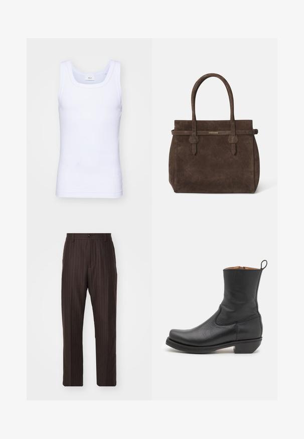 Bílé bavlněné tílko bez rukávů s kulatým výstřihem, s hladkou texturou a přiléhavým střihem, navržené pro volnočasové nošení.; NN.07 PAW - Kalhoty - brown; Černá kožená kotníková bota s hladkým povrchem, štíhlým profilem, bočním prošíváním a nízkým čtvercovým podpatkem. Obsahuje poutko na zadní straně.; Tmavě hnědá semišová taška s dvojitými uchy a horizontálním popruhem se štítkem s malým zlatým logem DSQUARED2.