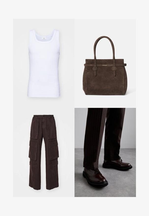 Hvid bomulds ærmeløs tanktop med rund halsudskæring, der har en glat tekstur og en tætsiddende pasform, designet til casual brug.; Brune cargo bukser med vid bendesign, flere store lommer, elastisk talje og et blødt, tekstureret stof.; Brune læder snørebåndssko med en glat finish, sort gummisål og diskret syning. Båret med brune bukser med striber.; Mørkebrune suede tote-tasker med to håndtag og et vandret bånd med en lille gul DSQUARED2 logo-plakette.