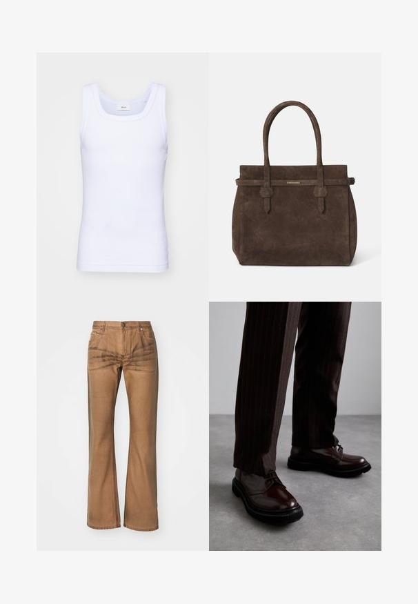 Valge puuvillane golfi särk ilma varrukateta, ümmarguse kaelusega, sileda tekstuuri ja sobiva lõikega, mõeldud igapäevaseks kandmiseks.; Pruunid laiad teksad, mis on valmistatud denimist, sisaldavad esipocketeid, ühte nööbi sulgemist ja kergelt tuhmumist, et saavutada tekstureeritud välimus.; Pruun nahast nööbitavad kingad läikiva viimistlusega, musta kummist tallaga ja peene tikandiga. Kanda pinstriped pruunide pükstega.; Tumed pruun nubukist öksohva, millel on kaks käepidet ja horisontaalne rihm, millel on väike kuldne DSQUARED2 logo plaat.