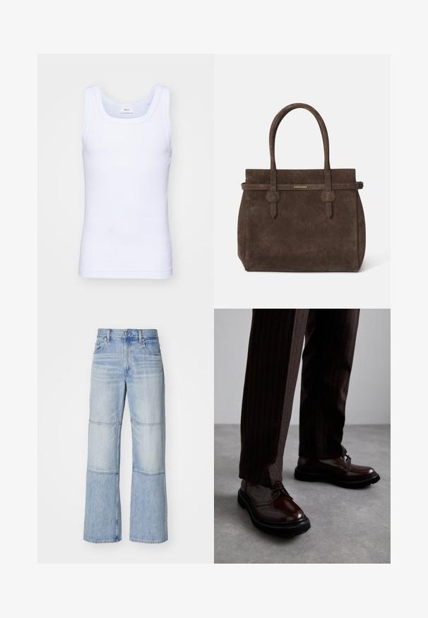 Valge puuvillane golfi särk ilma varrukateta, ümmarguse kaelusega, sileda tekstuuri ja sobiva lõikega, mõeldud igapäevaseks kandmiseks.; Heledad sinine teksapüksid, millel on lai säärte disain, kontrastsed paneelid ja nähtav õmblus. Kõrge vöökohaga koos nööbist sulgemisega.; Pruun nahast nööbitavad kingad läikiva viimistlusega, musta kummist tallaga ja peene tikandiga. Kanda pinstriped pruunide pükstega.; Tumed pruun nubukist öksohva, millel on kaks käepidet ja horisontaalne rihm, millel on väike kuldne DSQUARED2 logo plaat.