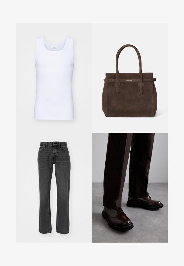 Camiseta sin mangas de algodón blanca con escote redondo, que presenta una textura suave y una forma ajustada, diseñada para el uso casual.; Jeans de mezclilla negros con un diseño de pierna recta, que cuentan con bolsillos estándar y costuras en contraste. El material tiene una ligera textura y un acabado desgastado.; Zapatos de cuero marrón con cordones y un acabado brillante, suela de goma negra y costuras sutiles. Llevados con pantalones marrón de rayas.; Bolsa tote de ante marrón oscuro con dos asas y una correa horizontal que presenta una pequeña placa de logo dorado de DSQUARED2.