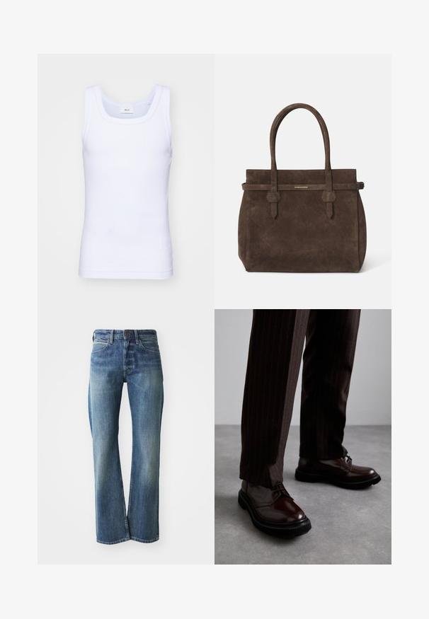 Top din bumbac alb fără mâneci, cu un decolteu rotund, având o textură netedă și o formă ajustată, conceput pentru purtarea casual.; Jeans din denim cu o nuanță de albastru deschis până la mediu, croială dreaptă, design clasic cu cinci buzunare și o ușoară decolorare pe față.; Pantofi din piele maro, cu șiret, având un finisaj lucios, talpă din cauciuc negru și o cusătură subtilă. Purtați cu pantaloni maro cu dungi.; Geantă de umăr din suede maro închis, cu două mânere și o curea orizontală care prezintă o mică placă logo aurie DSQUARED2.