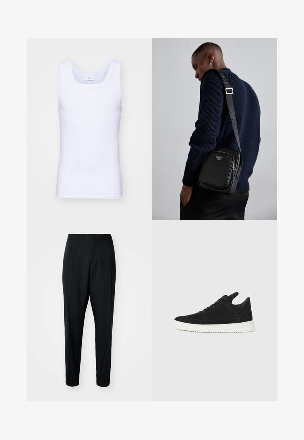 Weißes Baumwoll-Top ohne Ärmel mit rundem Ausschnitt, ausgestattet mit einer glatten Textur und einer figurbetonten Form, ideal für die Freizeit.; Schwarze, schmal geschnittene Hose mit glatter Textur, elastischem Bund und Bündchen. Mit Falten im vorderen Bereich für einen eleganten Look.; Schwarze Wildleder-Sneaker mit einer weißen Gummisohle, die sich durch elegante Nähte und ein schnürbares Design auszeichnen. Glatte Textur mit einer modernen, stromlinienförmigen Form.; Schwarze Leder-crossbody-Tasche mit einem Reißverschlussfach, Logo-Detail und einem verstellbaren, gebrandeten Gurt. Getragen zu einem strukturierten marineblauen Pullover.
