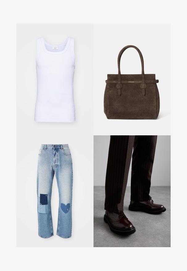 Camiseta sin mangas de algodón blanca con escote redondo, que presenta una textura suave y una forma ajustada, diseñada para el uso casual.; Jeans de mezclilla azul claro con corte recto, que cuentan con dos detalles de parches: un cuadrado y un corazón, ambos en tonos de mezclilla más oscuros.; Zapatos de cuero marrón con cordones y un acabado brillante, suela de goma negra y costuras sutiles. Llevados con pantalones marrón de rayas.; Bolsa tote de ante marrón oscuro con dos asas y una correa horizontal que presenta una pequeña placa de logo dorado de DSQUARED2.