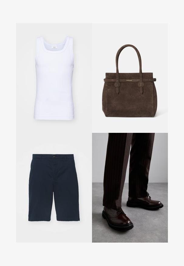 Balti medvilninė be rankovių marškinėliai su apvaliu iškirpimu, pasižymintys lygiu tekstūru ir prigludusia forma, skirti kasdieniam dėvėjimui.; Tamsiai mėlynos medvilninės šortai su lygia priekiu, mygtukų uždarymu ir šoninėmis kišenėmis. Išilgai kolenų, su lygiu paviršiumi ir švariais siūlėmis.; Rudos odinės bateliai su raišteliais, blizgiu paviršiumi, juoda gumine absorbcija ir subtilia siūle. Dėvimi su rudos spalvos dryžuotomis kelnių.; Tamsiai ruda zomšinė rankinė su dviem rankenomis ir horizontaliu diržu, kuriame yra mažas auksinis DSQUARED2 logotipo ženklelis.