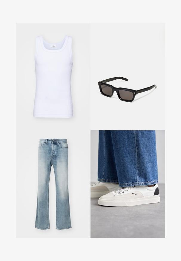 White cotton sleeveless tank top with a round neckline, featuring a smooth texture and a fitting shape, designed for casual wear.; Tiger of Sweden ALEC - Relaxed fit jeans - dust blue; White and black sneakers with a smooth leather upper, textured accents, and a chunky white sole. Features a classic lace-up design.; Black rectangular sunglasses with dark lenses, thick plastic frame, gold accents on temples, and brand logo engraved on the arm.