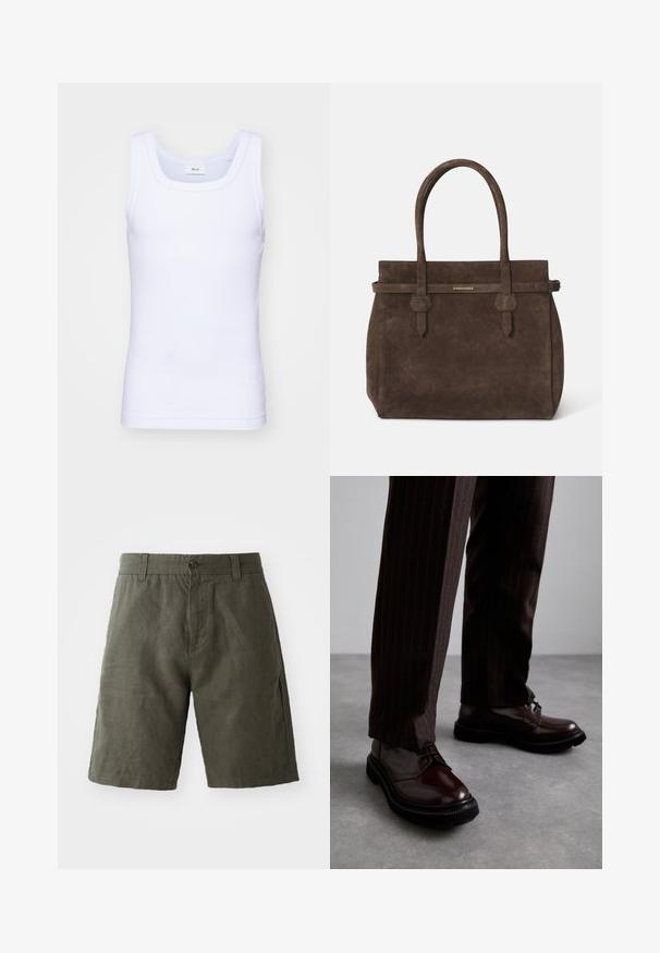 Camiseta sin mangas de algodón blanca con escote redondo, que presenta una textura suave y una forma ajustada, diseñada para el uso casual.; Bermudas de lino verde oscuro con cierre de botón y trabillas para cinturón, con un corte recto y textura suave.; Zapatos de cuero marrón con cordones y un acabado brillante, suela de goma negra y costuras sutiles. Llevados con pantalones marrón de rayas.; Bolsa tote de ante marrón oscuro con dos asas y una correa horizontal que presenta una pequeña placa de logo dorado de DSQUARED2.