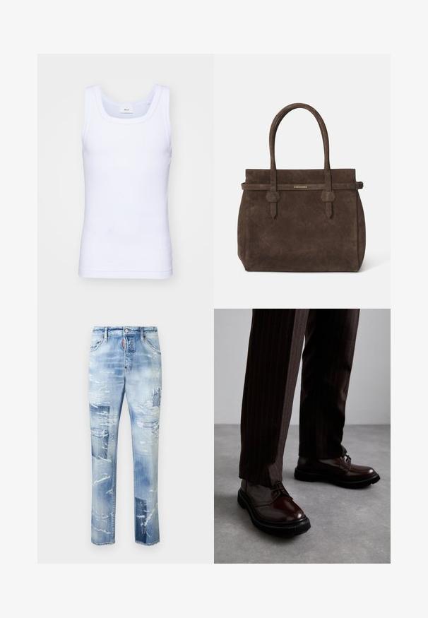 Biela bavlnená tielko bez rukávov s okrúhlym výstrihom, s hladkou textúrou a priliehavým strihom, navrhnuté pre neformálne nosenie.; Svetlo modré oprané džínsy s dierami, rovný strih a rozstrapkané okraje. Obsahujú kovové prvky a štandardný päť-vreckový dizajn.; Hnedé kožené šnurovacie topánky s lesklým povrchom, čierna gumová podrážka a jemné švy. Nosené s hnedými prúžkovanými nohavicami.; Tmavohnedá semišová taška s dvoma uchami a horizontálnym popruhom, ktorý obsahuje malú zlatú nášivku s logom DSQUARED2.