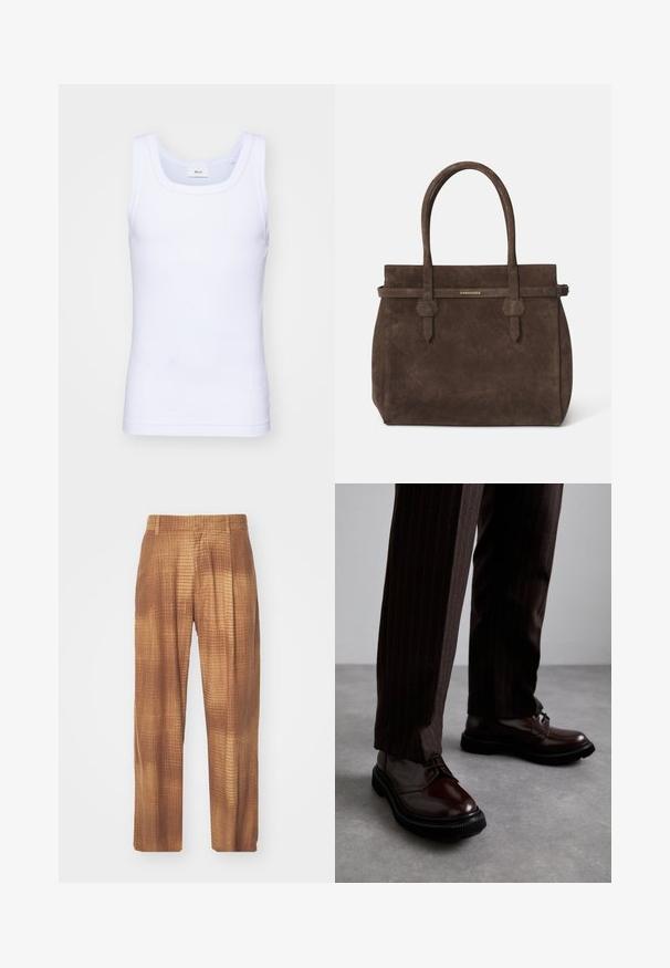 Bílé bavlněné tílko bez rukávů s kulatým výstřihem, s hladkou texturou a přiléhavým střihem, navržené pro volnočasové nošení.; Hnědé vzorované kalhoty s texturovaným povrchem, volného střihu a rovnými nohavicemi. Tkanina má jemný mřížkový vzor.; Hnědé kožené šněrovací boty s lesklým povrchem, černou gumovou podrážkou a jemným štepováním. Nosené s hnědými pruhovanými kalhotami.; Tmavě hnědá semišová taška s dvojitými uchy a horizontálním popruhem se štítkem s malým zlatým logem DSQUARED2.