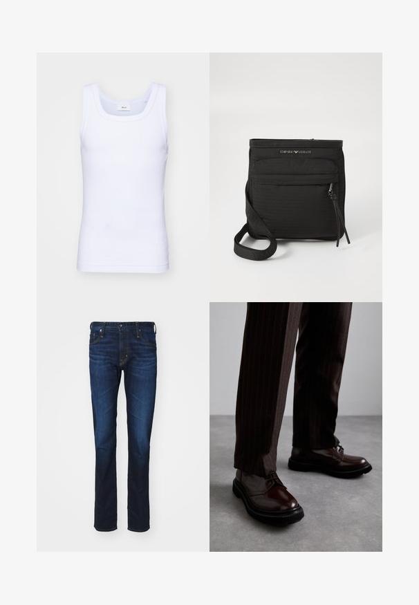 White cotton sleeveless tank top with a round neckline, featuring a smooth texture and a fitting shape, designed for casual wear.; AG Jeans TELLIS MODERN - Slim fit jeans - viper; Brown leather lace-up shoes with a glossy finish, black rubber sole, and subtle stitching. Worn with pinstriped brown trousers.; Black Emporio Armani crossbody bag with front zipper pocket, adjustable strap, and logo detail on textured fabric.