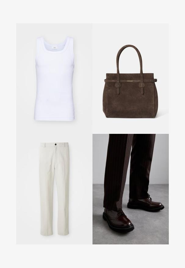 Fehér pamut ujjatlan trikó kerek nyakkivágással, sima textúrával és testhezálló fazonnal, amelyet hétköznapi viseletre terveztek.; Bézs egyenes szárú nadrág övlyukkal, elülső gombbal és cipzárral, síkban egy fehér háttéren elhelyezve.; Barna bőrből készült, fényezett felületű, fűzős cipők, fekete gumitalppal és diszkrét varrásokkal. Csíkos barna nadrággal viselve.; Sötétbarna velúr tote táska dupla fogantyúval és vízszintes pánttal, melyen egy kis arany DSQUARED2 logo tábla található.