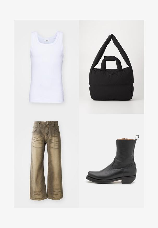 Biała bawełniana koszulka bez rękawów z okrągłym dekoltem, charakteryzująca się gładką fakturą i dopasowanym krojem, zaprojektowana do noszenia na co dzień.; Szerokie dżinsy w wyblakłym odcieniu brązu, z detalami w postaci przetarć, zapięciem na guzik oraz pięcioma kieszeniami. Gładka tekstura denimu.; Czarne skórzane botki do kostki o gładkiej fakturze, smukłym profilu, bocznych przeszyciach i niskim kwadratowym obcasie. Posiadają pętelkę z tyłu.; Czarna, wyściełana torba z szerokim, miękkim paskiem na ramię i uchwytem u góry. Posiada zamek błyskawiczny oraz dyskretną grafikę z przodu.